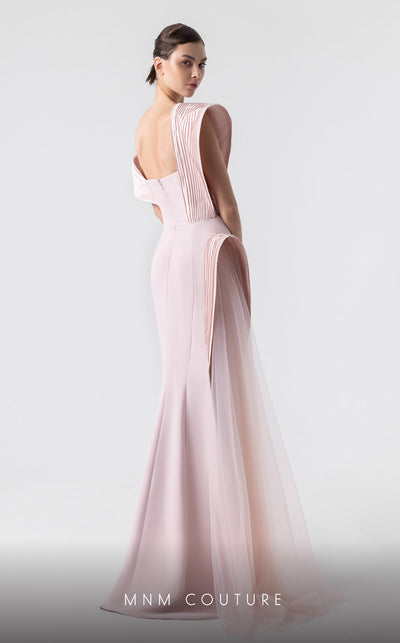MNM Couture G1929 pink gown with asymmetrical pleats and flowing fabric for an elegant and timeless look. | Couture Shop LA