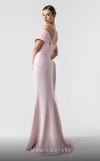 MNM Couture G1929 pink gown with asymmetrical pleats and flowing fabric for an elegant and timeless look. | Couture Shop LA