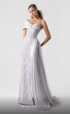 MNM Couture G1932 silver draped gown with off-shoulder design and high slit for evening elegance. | Couture Shop LA