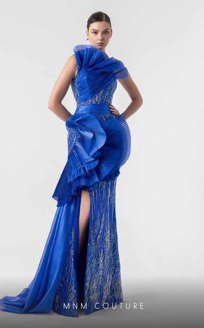 MNM Couture G1933 royal blue evening gown with cascading pleats and silver lace detailing. | Couture Shop LA
