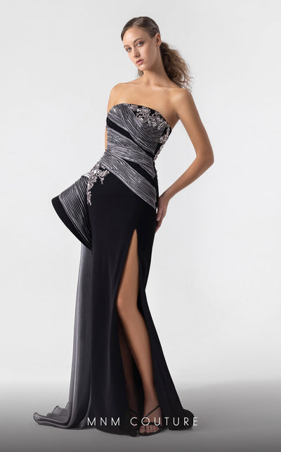 MNM Couture G1938 black and silver gown with ribbed lam� and crystal detailing. | Couture Shop LA
