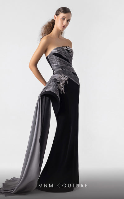 MNM Couture G1938 black and silver gown with ribbed lam� and crystal detailing. | Couture Shop LA