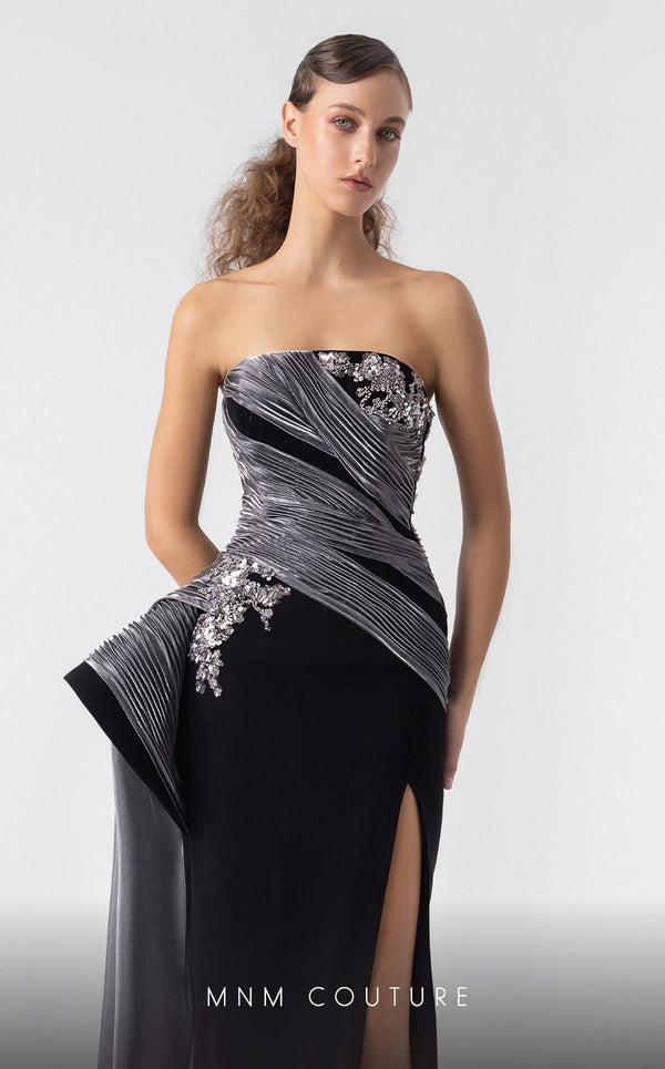 MNM Couture G1938 black and silver gown with ribbed lam� and crystal detailing. | Couture Shop LA