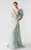 MNM Couture G1939 silver lace gown with off-shoulder details and shimmering embellishments. | Couture Shop LA