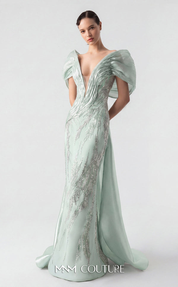MNM Couture G1939 silver lace gown with off-shoulder details and shimmering embellishments. | Couture Shop LA