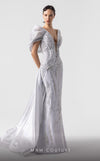 MNM Couture G1939 silver lace gown with off-shoulder details and shimmering embellishments. | Couture Shop LA