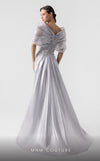 MNM Couture G1939 silver lace gown with off-shoulder details and shimmering embellishments. | Couture Shop LA
