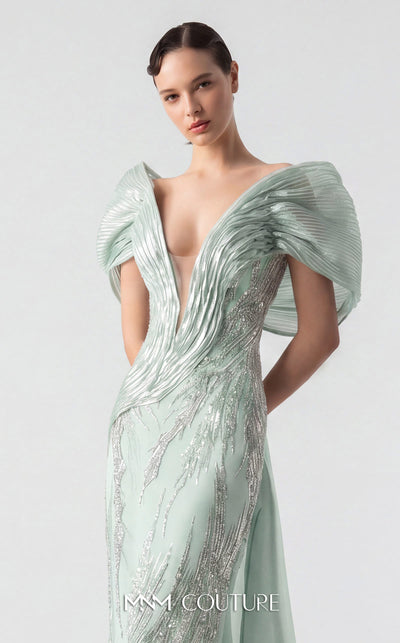 MNM Couture G1939 silver lace gown with off-shoulder details and shimmering embellishments. | Couture Shop LA