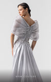 MNM Couture G1939 silver lace gown with off-shoulder details and shimmering embellishments. | Couture Shop LA