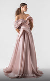 MNM Couture G1940 salmon pink satin gown with voluminous metallic organza flair and off-shoulder styling. | Couture Shop LA
