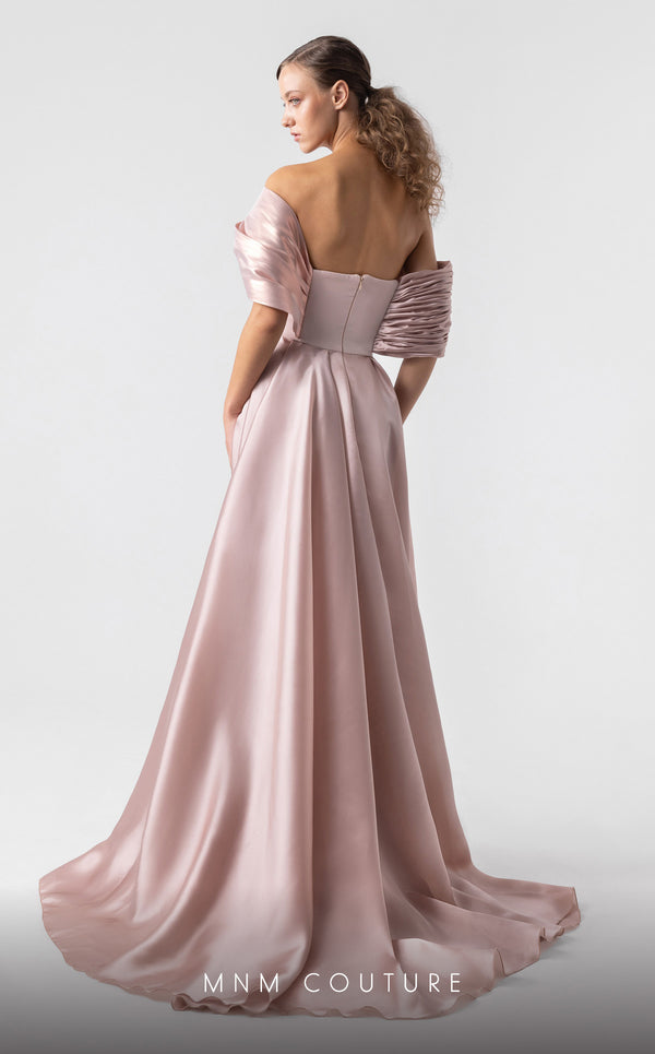 MNM Couture G1940 salmon pink satin gown with voluminous metallic organza flair and off-shoulder styling. | Couture Shop LA