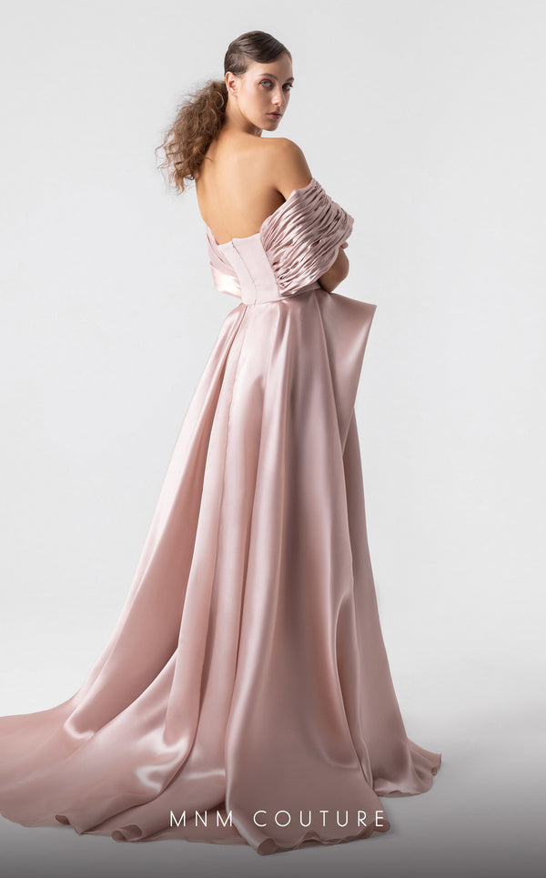 MNM Couture G1940 salmon pink satin gown with voluminous metallic organza flair and off-shoulder styling. | Couture Shop LA