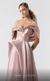 MNM Couture G1940 salmon pink satin gown with voluminous metallic organza flair and off-shoulder styling. | Couture Shop LA