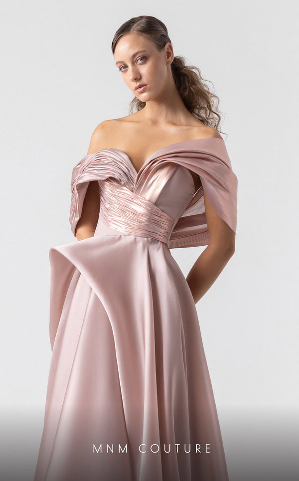 MNM Couture G1940 salmon pink satin gown with voluminous metallic organza flair and off-shoulder styling. | Couture Shop LA