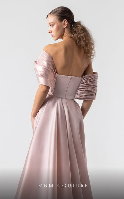 MNM Couture G1940 salmon pink satin gown with voluminous metallic organza flair and off-shoulder styling. | Couture Shop LA
