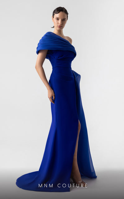 MNM Couture G1941 royal blue gown with asymmetrical drape and thigh-high slit for elegant occasions. | Couture Shop LA