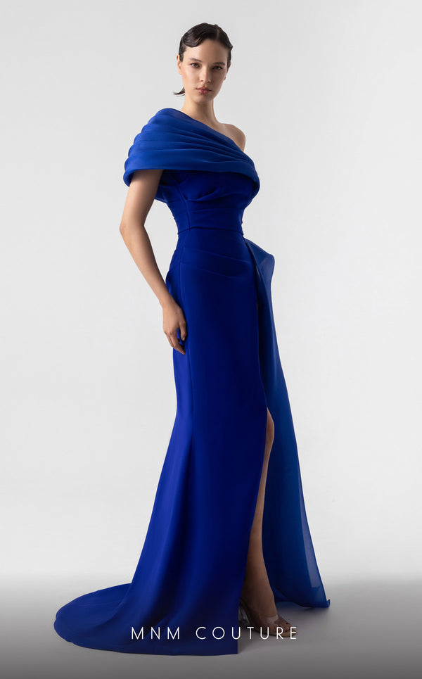 MNM Couture G1941 royal blue gown with asymmetrical drape and thigh-high slit for elegant occasions. | Couture Shop LA