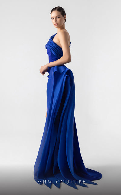 MNM Couture G1941 royal blue gown with asymmetrical drape and thigh-high slit for elegant occasions. | Couture Shop LA