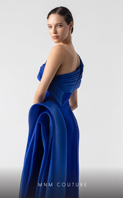MNM Couture G1941 royal blue gown with asymmetrical drape and thigh-high slit for elegant occasions. | Couture Shop LA