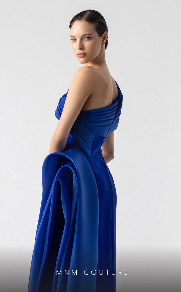 MNM Couture G1941 royal blue gown with asymmetrical drape and thigh-high slit for elegant occasions. | Couture Shop LA