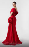 MNM Couture G1942 scarlet red gown with off-shoulder elegance and a bold organza side train. | Couture Shop LA