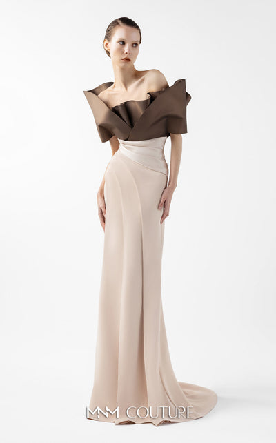 MNM Couture Style G2000 featuring a two-tone design with a sculptural metallic brown taffeta bodice and a draped creamy nude crepe skirt. | Couture Shop LA