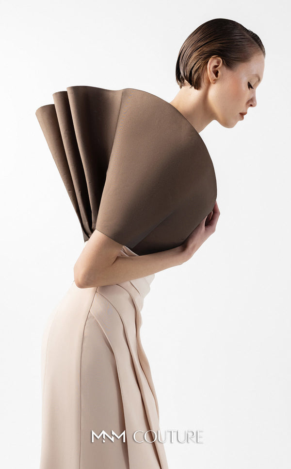 MNM Couture Style G2000 featuring a two-tone design with a sculptural metallic brown taffeta bodice and a draped creamy nude crepe skirt. | Couture Shop LA
