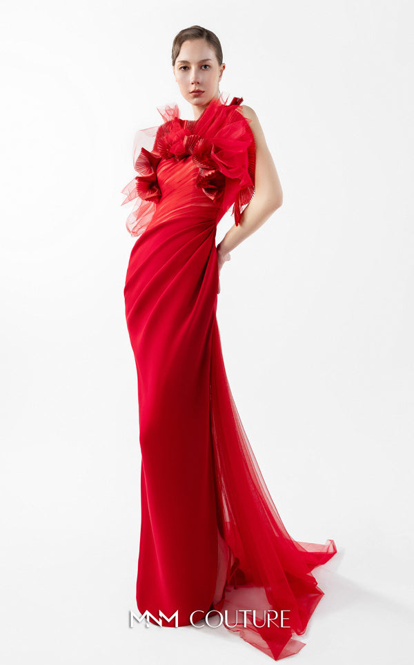 MNM Couture Style G2001 showcasing a red crepe evening gown with dramatic draped tulle bust, pleated organza detailing, and graceful trailing tulle train | Couture Shop LA