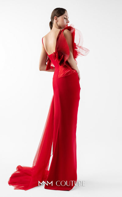 MNM Couture Style G2001 showcasing a red crepe evening gown with dramatic draped tulle bust, pleated organza detailing, and graceful trailing tulle train | Couture Shop LA