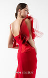 MNM Couture Style G2001 showcasing a red crepe evening gown with dramatic draped tulle bust, pleated organza detailing, and graceful trailing tulle train | Couture Shop LA