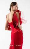 MNM Couture Style G2001 showcasing a red crepe evening gown with dramatic draped tulle bust, pleated organza detailing, and graceful trailing tulle train | Couture Shop LA