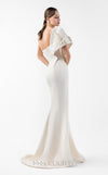MNM Couture Style G2003 showcasing a cream one-shoulder mermaid gown with sculptural organza manipulation and cascading pearl embroidery on the shoulder. | Couture Shop LA