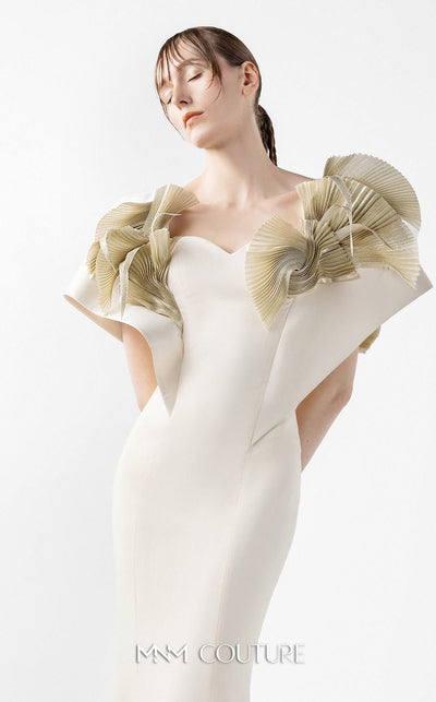 MNM Couture Style G2005 showcasing a cream mermaid gown with architectural golden pleated organza shoulder detailing resembling sculptural wings and ethereal fan accents | Couture Shop LA