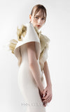 MNM Couture Style G2005 showcasing a cream mermaid gown with architectural golden pleated organza shoulder detailing resembling sculptural wings and ethereal fan accents | Couture Shop LA