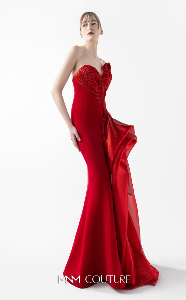 MNM Couture Style G2006 showcasing a strapless red gown with intricately pleated entwined bodice and dramatic asymmetrical organza bloom cascading from one side | Couture Shop LA