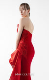MNM Couture Style G2006 showcasing a strapless red gown with intricately pleated entwined bodice and dramatic asymmetrical organza bloom cascading from one side | Couture Shop LA