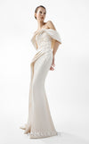 MNM Couture Style G2007 showcasing a cream crepe gown with dramatic off-shoulder satin sleeves, exquisite handmade embroidery on the bodice, and subtle thigh-high slit | Couture Shop LA