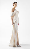 MNM Couture Style G2007 showcasing a cream crepe gown with dramatic off-shoulder satin sleeves, exquisite handmade embroidery on the bodice, and subtle thigh-high slit | Couture Shop LA