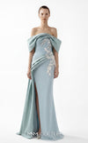 MNM Couture Style G2007 showcasing a cream crepe gown with dramatic off-shoulder satin sleeves, exquisite handmade embroidery on the bodice, and subtle thigh-high slit | Couture Shop LA
