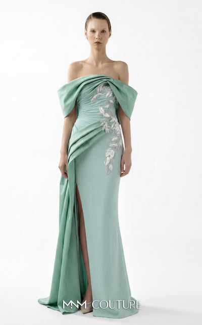 MNM Couture Style G2007 showcasing a cream crepe gown with dramatic off-shoulder satin sleeves, exquisite handmade embroidery on the bodice, and subtle thigh-high slit | Couture Shop LA