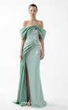 MNM Couture Style G2007 showcasing a cream crepe gown with dramatic off-shoulder satin sleeves, exquisite handmade embroidery on the bodice, and subtle thigh-high slit | Couture Shop LA