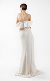 MNM Couture Style G2007 showcasing a cream crepe gown with dramatic off-shoulder satin sleeves, exquisite handmade embroidery on the bodice, and subtle thigh-high slit | Couture Shop LA