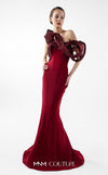 MNM Couture G2009 strapless crepe and organza mermaid gown with asymmetrical neckline and sculptural organza pleating across bust and back | Couture Shop LA.