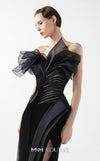 MNM Couture Style G2010 showcasing a black crepe gown with a sculpted bust of organza, Chantilly lace, draped tulle, and a daring high front slit. | Couture Shop LA