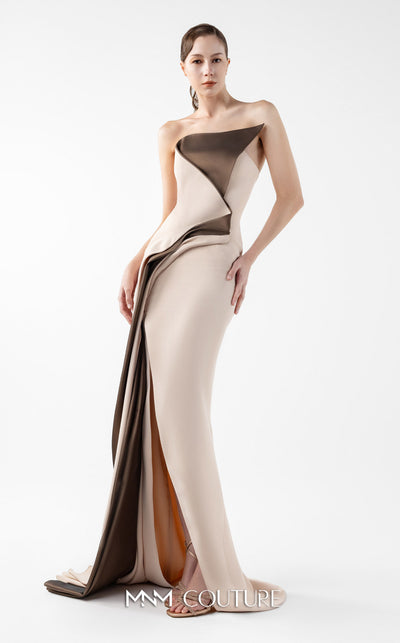 MNM Couture Style G2011 showcasing a strapless nude gown with sculptural brown metallic taffeta geometric folds and a dramatic high slit | Couture Shop LA