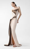 MNM Couture Style G2011 showcasing a strapless nude gown with sculptural brown metallic taffeta geometric folds and a dramatic high slit | Couture Shop LA