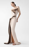 MNM Couture Style G2011 showcasing a strapless nude gown with sculptural brown metallic taffeta geometric folds and a dramatic high slit | Couture Shop LA