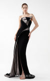 MNM Couture Style G2011 showcasing a strapless nude gown with sculptural brown metallic taffeta geometric folds and a dramatic high slit | Couture Shop LA