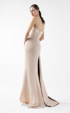 MNM Couture Style G2011 showcasing a strapless nude gown with sculptural brown metallic taffeta geometric folds and a dramatic high slit | Couture Shop LA