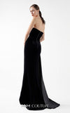 MNM Couture Style G2011 showcasing a strapless nude gown with sculptural brown metallic taffeta geometric folds and a dramatic high slit | Couture Shop LA